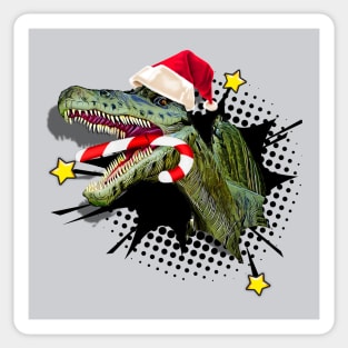 Dinosaur T-Rex with Santa Hat and Candy Cane Christmas Sticker